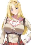  absurdres alternate_breast_size alternate_hair_length alternate_hairstyle blonde_hair blue_eyes breasts cape chest_harness collarbone harness heaven_burns_red highres jacket large_breasts long_hair minase_ichigo negino_yurine red_skirt skirt yellow_jacket 