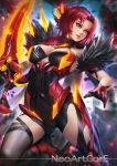  1girl artist_name bare_shoulders benghuai_xueyuan blurry blurry_background breasts breasts_apart brown_eyes claymore_(sword) cleavage earrings facing_viewer gloves holding honkai_(series) honkai_impact_3 jewelry large_breasts long_hair looking_to_the_side murata_himeko nudtawut_thongmai parted_lips red_hair solo sword thighhighs vermillion_knight watermark weapon 