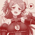  1girl :d armpits blush breasts cleavage_cutout clothing_cutout demon_girl demon_horns demon_wings detached_sleeves dot_nose dress eyelashes fangs frilled_sleeves frills halter_dress halterneck heart horns idolmaster idolmaster_million_live! idolmaster_million_live!_theater_days large_breasts long_hair long_sleeves looking_at_viewer monochrome official_alternate_costume ogami_tamaki open_mouth parted_bangs paw_pose puffy_detached_sleeves puffy_sleeves side_ponytail sidelocks simple_background smile spoken_heart todokamen tongue upper_body v-shaped_eyebrows wings 