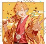  1boy :d aqua_hair artist_name blush border commentary_request confetti crossed_bangs earclip earrings egasumi gradient_hair hagoita hair_between_eyes hair_ornament haori haori_himo highres holding holding_paddle japanese_clothes jewelry kimono lightning_bolt_earrings lightning_bolt_hair_ornament lightning_bolt_symbol long_sleeves looking_at_viewer male_focus meta_(meta_91) multicolored_hair nijisanji on_shoulder open_clothes open_mouth orange_eyes orange_hair outside_border outstretched_arm paddle pom_pom_(clothes) print_haori red_kimono short_hair single_earring smile solo sparkle teeth twitter_username upper_body upper_teeth_only usami_rito v virtual_youtuber white_border wide_sleeves yellow_background yellow_haori 
