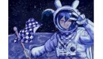  1boy animal_ears animal_ears_helmet animal_helmet astronaut checkered_flag commentary danganronpa_(series) danganronpa_v3:_killing_harmony earth_(planet) flag foca_(sello20582612) hair_between_eyes happy_new_year helmet highres holding holding_flag long_sleeves looking_at_viewer male_focus moon_rabbit neckerchief oma_kokichi on_moon one_eye_closed open_mouth outdoors planet purple_eyes purple_hair rabbit_ears ringed_eyes smile solo space space_helmet spacesuit teeth two-tone_neckerchief upper_body v v_over_eye 