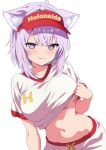  1girl :3 absurdres ahoge alternate_costume animal_ear_fluff animal_ears blush brand_name_imitation breasts cat_ears closed_mouth clothes_lift commentary dot_nose h_(letter) hat heart heart-shaped_pupils highres hololive kishishi_(kishiman-ya) large_breasts looking_at_viewer mcdonald's navel nekomata_okayu no_bra pants purple_eyes purple_hair red_hat shirt shirt_lift short_hair sidelocks smile solo stomach symbol-shaped_pupils underboob virtual_youtuber visor_cap white_pants white_shirt 
