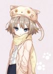  778-go absurdres animal_hat bad_id bad_pixiv_id bangs beret blue_eyes blush brown_hair button_eyes cat_hat copyright_request drawstring eyelashes flat_chest grey_background hand_in_pocket hat highres hood hood_down hooded_jacket jacket long_sleeves looking_at_viewer open_clothes open_jacket paw_print scarf shirt simple_background solo triangle_mouth upper_body white_shirt yellow_scarf 