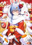  1girl @_@ absurdres animal_ear_fluff animal_ears asa_no_ha_(pattern) asymmetrical_hair bento blue_hair blush carrot_hair_ornament chinese_zodiac commentary_request cowboy_shot daruma_doll don-chan_(usada_pekora) egasumi emphasis_lines floral_print flower food-themed_hair_ornament frown gloom_(expression) hagoita hair_between_eyes hair_flower hair_ornament heart highres holding_own_wrist hololive japanese_clothes kagami_mochi kimono long_hair motion_blur motion_lines new_year obi obiage obijime official_alternate_costume own_hands_together paddle panicking pekomon_(usada_pekora) raag_jp rabbit_ears rabbit_girl red_kimono sash scared seigaiha short_eyebrows snake snake_wrapped_around_neck solo spoken_heart standing tears thick_eyebrows trembling usada_pekora usada_pekora_(new_year) virtual_youtuber wavy_mouth white_snake wide-eyed year_of_the_snake 