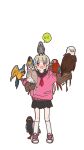  1girl @_@ african_grey_parrot animal_on_arm animal_on_head bald_eagle bird bird_on_arm bird_on_head bird_request black_sailor_collar black_skirt blonde_hair blue-and-yellow_macaw blush commentary_request eagle falconry_glove fang full_body furrowed_brow highres horned_owl kneehighs long_hair looking_at_viewer macaw natori_sana neckerchief nervous nervous_smile on_head open_mouth outstretched_arm owl parrot pink_sweater pleated_skirt red-and-green_macaw red_eyes red_neckerchief sailor_collar sana_channel school_uniform serafuku shoes simple_background skin_fang skirt smile sneakers socks solo speech_bubble standing sweater too_many too_many_birds uewtsol virtual_youtuber white_background white_socks 