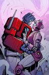  1girl absurdres armor autobot blue_eyes couple elita_one exhaust_pipe glowing glowing_eyes helmet highres humanoid_robot insignia marcelo_matere mask mecha metal_skin mouth_mask no_humans optimus_prime pink_armor pink_helmet pink_lips robot robot_girl science_fiction transformers transformers:_generation_1 valentine 