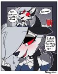 absurd_res alcohol anthro beer beverage blush bodily_fluids canid canid_demon canine comic demon english_text female hair_twirl hellhound helluva_boss hi_res icey_(artist) loona_(helluva_boss) mammal mythological_canine mythological_creature mythology profanity smile solo sweat text
