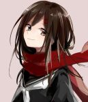  1girl artist_request black_hair black_sailor_collar black_serafuku brown_background brown_eyes brown_hair closed_mouth enpera floating_scarf fringe_trim hair_between_eyes hair_ornament hairclip kagerou_project long_hair long_scarf neck_warmer neckerchief red_scarf sailor_collar scarf school_uniform serafuku shirt simple_background single_stripe smile solo tateyama_ayano third-party_source white_neckerchief white_stripes 