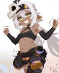  1girl animal_skull bare_shoulders black_thighhighs blush clenched_hands cowboy_shot criss-cross_halter crop_top dark_skin earrings genshin_impact green_eyes grin halterneck headband highres iansan_(genshin_impact) jewelry long_hair midriff mockingeu navel pointy_ears shoulder_tattoo smile solo standing stomach tattoo thighhighs very_long_hair white_hair 