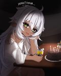  1girl :d ahoge alternate_costume cake can dark_skin food genshin_impact green_eyes highres holding holding_can iansan_(genshin_impact) long_hair looking_at_viewer mockingeu open_mouth shirt shoulder_tattoo single_bare_shoulder smile solo tattoo white_hair white_shirt 