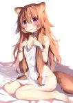  1girl animal_ear_fluff animal_ears bangs barefoot blush breasts brown_hair collar collarbone cuffs eyebrows_visible_through_hair ezoshika full_body glint hair_between_eyes hair_tubes highres long_hair looking_at_viewer naked_sheet nude open_mouth pink_eyes raccoon_ears raccoon_girl raccoon_tail raphtalia shackles sidelocks simple_background sitting small_breasts solo tail tate_no_yuusha_no_nariagari tattoo very_long_hair wariza 