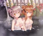  2girls alternate_breast_size bangs blush breasts brown_eyes brown_hair cleavage closed_mouth collarbone double_bun eyebrows_visible_through_hair flower girls_frontline hair_between_eyes hair_bun head_tilt highres looking_at_viewer medium_breasts multiple_girls naked_towel partially_submerged purple_eyes scar scar_across_eye seero side_bun smile towel ump45_(girls_frontline) ump9_(girls_frontline) water white_flower 