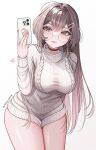  1girl absurdres among_us arm_behind_back black_choker blush breasts brown_eyes brown_hair cellphone chaisia_art choker closed_mouth commentary crewmate_(among_us) english_commentary fingernails glasses grey_sweater hair_between_eyes hand_up heart highres holding holding_phone large_breasts leaning_forward lips long_hair long_sleeves looking_at_viewer original paid_reward_available phone red_(among_us) round_eyewear simple_background solo sweater very_long_hair web_address white_background 