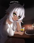  1girl :d ahoge alternate_costume cake can dark_skin food genshin_impact green_eyes highres holding holding_can iansan_(genshin_impact) long_hair looking_at_viewer mockingeu open_mouth shirt shoulder_tattoo single_bare_shoulder smile solo tattoo white_hair white_shirt 