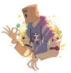  1boy ^_^ adam's_apple arm_belt bag bag_on_head belt black_belt blue_hoodie blush closed_eyes clover commentary_request cropped_torso cross drawstring english_text faust_(guilty_gear) flower four-leaf_clover gloves guilty_gear guilty_gear_strive highres holding holding_clover hood hood_down hoodie jacket jacket_partially_removed korean_commentary leaf male_focus one_eye_covered paper_bag red_cross simple_background solo stethoscope stethoscope_around_neck white_background white_gloves white_jacket yeji36 yellow_flower 