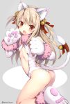  1girl animal_ears ass bangs bare_shoulders bell blonde_hair blush breasts cat_ears cat_paws cat_tail commentary_request elbow_gloves eyebrows_visible_through_hair fang fate/kaleid_liner_prisma_illya fate_(series) fur_collar fur_trim gloves hair_bell hair_ornament hair_ribbon illyasviel_von_einzbern jingle_bell long_hair looking_at_viewer open_mouth osa_(osaosa) paw_gloves paw_shoes paws red_eyes ribbon shoes slingshot_swimsuit small_breasts solo swimsuit tail tail_bell tail_ribbon thighs thong twitter_username two_side_up white_gloves white_swimsuit 
