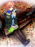  1girl autumn_leaves bangs bench black_footwear black_legwear blue_eyes blush closed_mouth commentary_request day fingernails full_body go-toubun_no_hanayome green_skirt hair_between_eyes headphones headphones_around_neck highres holding_drink jacket leaf long_hair long_sleeves looking_at_viewer nakano_miku outdoors pantyhose red_hair scarf shiny shiny_hair shirt shizuki_shuuya sitting skirt smile solo winter_clothes 