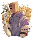  1boy ^_^ adam's_apple arm_belt arm_up bag bag_on_head belt black_belt blue_hoodie blush closed_eyes clover commentary_request cropped_arm cropped_torso cross drawstring english_text faust_(guilty_gear) flower four-leaf_clover gloves guilty_gear guilty_gear_strive highres holding holding_clover hood hood_down hoodie jacket jacket_partially_removed korean_commentary leaf male_focus one_eye_covered paper_bag red_cross simple_background solo stethoscope stethoscope_around_neck white_background white_gloves white_jacket yeji36 yellow_flower 