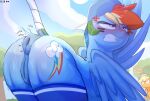 absurd_res anal_wink animal_genitalia animal_pussy anus blonde_hair blue_body butt clothed clothing dock_(anatomy) equid equine equine_anus equine_genitalia equine_pussy feathered_wings feathers female feral friendship_is_magic genitals hair hasbro hat headgear headwear hi_res legwear mammal multicolored_hair my_little_pony mythological_creature mythological_equine mythology outside pegasus pupils pussy quadruped rainbow_dash_(mlp) rainbow_hair raised_tail tail tail_anus thick_thighs thigh_highs welost wings