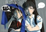  ... 1boy 1girl animal_on_head black_eyes black_hair collared_shirt commentary_request crossed_arms dress_shirt futsuu_no_keion-bu grey_background grey_hair guitar guitar_case hatono_chihiro highres holding holding_guitar holding_instrument holding_umbrella horns image_in_thought_bubble instrument instrument_case instrument_case_on_back instrument_on_back mizuo_haruichi neck_ribbon nervous on_head outdoors ponytail qrioic74 rain red_ribbon ribbon romaji_text school_uniform self-doubt_animal_(futsuu_no_keion-bu) shared_umbrella shirt short_hair sidelighting speech_bubble thought_bubble twitter_username umbrella upper_body watermark wavy_hair wet wet_clothes wet_shirt white_shirt wing_collar worried 