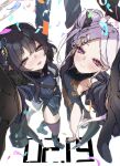  2girls arms_up belt birthday black_gloves black_halo black_horns blue_archive braid braided_bun butterfly_hair_ornament china_dress chinese_clothes coat coat_on_shoulders commentary confetti cosplay costume_switch dated demon_girl demon_horns demon_wings double_bun dragon_print dress forehead full_body gloves grey_coat grey_eyes grey_halo hair_bun hair_ornament halo hato_haru highres hina_(blue_archive) hina_(blue_archive)_(cosplay) horns jacket kisaki_(blue_archive) kisaki_(blue_archive)_(cosplay) looking_at_viewer low_wings multiple_girls multiple_horns parted_bangs pelvic_curtain pinstripe_jacket pinstripe_pattern print_dress purple_wings sam_browne_belt smile striped_clothes striped_jacket symbol-only_commentary vertical-striped_clothes vertical-striped_jacket whistle whistle_around_neck wings 