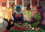 absurd_res alcohol anthro augmented_thunder bar beverage card cigar cigar_smoke clothing crossed_legs cyborg_dragon digital_media_(artwork) fluffy fluffy_ears glass_of_wine group hi_res holding_cigar holding_object hoodie kryzyasha long_tongue machine male membrane_(anatomy) neck_tuft playing_card poker poker_chip poker_table protogen shaded signature silhouette smaller_version_at_source smoke smug_face tail_spines teeth_showing tongue tongue_out topwear trio tuft webbed_hands wings