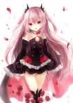 1girl absurdres bare_shoulders black_dress black_legwear boots bow detached_sleeves dress flower highres knee_boots krul_tepes long_hair looking_at_viewer owari_no_seraph petals pink_hair pointy_ears red_eyes ribbon rose smile solo two_side_up vampire very_long_hair 