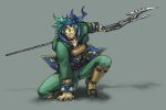  1boy akagishi_k armor asymmetrical_hair belt belt_buckle black_belt blue_headband blue_hood boots breastplate buckle closed_mouth commentary_request determined fingernails floating_clothes floating_hair frown full_body greaves green_boots green_eyes green_hair green_jacket green_pants grey_background halberd headband holding holding_polearm holding_weapon hood hood_down hooded_jacket hoshi_wo_miru_hito jacket knee_boots lips long_sleeves male_focus on_one_knee pants partial_commentary polearm shadow shiba_(hoshi_wo_miru_hito) short_hair simple_background sleeve_cuffs solo thick_eyebrows weapon weapon_behind_back 
