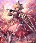  absurdres blonde_hair blue_eyes detached_sleeves dress gauntlets hair_ornament highres holding holding_sword holding_weapon jpeg_artifacts looking_at_viewer open_mouth pink_dress shield shingeki_no_bahamut short_hair solo sword tachikawa_mushimaro weapon 