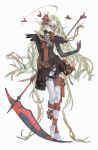  1girl absurdres barefoot bug butterfly flower highres holding holding_sickle holding_weapon long_hair open_mouth original red_butterfly sickle skull solo triangular_headpiece weapon yo4zai 