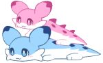 :3 alpha_channel ambiguous_gender animated back_spikes blue_body blue_eyes blue_fur blue_markings blush cheek_tuft chillet chillet_ignis countershade_torso countershading dipstick_ears duo ear_markings facial_tuft feral flong full-length_portrait fur long_body loop low_res lying lying_on_another mammal markings multicolored_ears mustelid on_front on_partner on_top_of pal_(species) palworld pink_body pink_eyes pink_fur pink_markings pink_spikes pocketpair portrait short_playtime simple_background smile spikes spikes_(anatomy) sticker_pack tail transparent_background tuft