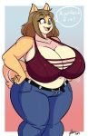  ! 2019 big_breasts blue_eyes bra breasts brown_hair canid canine canis clothed clothing dialogue domestic_dog gradient_background hair hand_on_hip huge_breasts jaywnk23 jeans june_(jinu) mammal open_mouth pants shiba_inu signature simple_background smile solo tongue underwear 