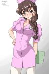  1girl alternate_costume blush braid breasts brown_eyes brown_hair cleavage dress girls_und_panzer hand_on_own_hip hat holding_board long_hair looking_to_the_side matsui_yasutsugu name_tag nurse nurse_cap pantyhose pink_dress puffy_short_sleeves puffy_sleeves rukuriri_(girls_und_panzer) short_dress short_sleeves white_pantyhose 