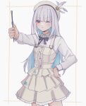  1girl alternate_costume art_brush beret black_bow black_bowtie blue_hair bow bowtie center_frills chromatic_aberration collared_shirt colored_inner_hair cowboy_shot dress frilled_dress frills hand_on_own_hip hand_up hat hat_feather highres holding holding_brush holding_paintbrush layered_skirt lize_helesta long_hair long_sleeves looking_at_object multicolored_hair nijisanji one_eye_closed outstretched_arm overall_skirt paint_on_clothes paint_stains paintbrush pleated_skirt purple_eyes sen_izm shirt simple_background skirt solo streaked_hair two-tone_hair v-shaped_eyebrows very_long_hair virtual_youtuber white_background white_hair white_hat white_shirt white_skirt 