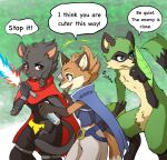 2025 anthro arrow_(weapon) black_body black_fur black_nose blue_eyes bottomwear bow_(weapon) canid canine clairen_(rivals_of_aether) cloak clothed clothing dialogue digital_media_(artwork) dungeons_of_aether english_text felid feline female fingerless_gloves fleet_(dungeons_of_aether) forest fox fur fur_tuft gloves green_body green_eyes green_fur group hair handwear hi_res leopard magano304 mammal markings maypul melee_weapon nude orange_body orange_fur outside pantherine pants plant procyonid raccoon ranged_weapon red_eyes rivals_of_aether smile striped_markings striped_tail stripes sword tail tail_markings text tree trio tuft weapon