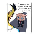 anthro balding black_hair blue_eyes cecil_stedman clothing domestic_cat duo english_text felid feline felis grey_hair hair hairless hairless_cat hi_res humanoid humor image_comics imgdist_0000 invincible_(image_comics) male mammal mark_grayson necktie size_difference sphynx_(cat) suit superhero text viltrumite