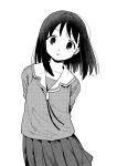  1girl absurdres arms_behind_back azumanga_daioh azumanga_daioh&#039;s_school_uniform blush collarbone commentary cowboy_shot greyscale highres kasuga_ayumu looking_at_viewer medium_hair monochrome neck_ribbon parted_lips pleated_skirt ribbon sailor_collar school_uniform shirt simple_background skirt solo white_background zinbei 