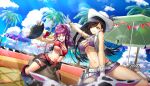  animal_head animal_print black_hair black_vest blue_eyes boots bouncing_breasts breasts bull cleavage clenched_teeth cow_print cowboy_boots cowboy_hat cowboy_western cowgirl_(western) dolphin_wave game_cg grey_eyes gun hair_over_one_eye hat highres kurenashi_yuuri kurose_minami large_breasts leather_skirt leather_vest long_hair looking_at_viewer mechanical_bull navel non-web_source official_alternate_costume official_art ootomo_takuji open_mouth palm_tree pointing ponytail purple_hair purple_streaks revolver rodeo sharp_teeth smile sunlight sweat teeth tree vest weapon 