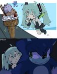  1boy 1girl artist_name blue_eyes blue_hair blush fairy fairy_wings fang food furry furry_male green_eyes hand_on_another&#039;s_back hatsune_miku highres ice_cream koasku looking_at_another pointing pointing_at_self smile sonic_(series) sonic_the_hedgehog sonic_unleashed sparkle sundae sweatdrop tapping_foot vocaloid wings 