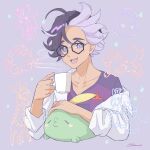  1boy :d absurdres ahoge arcanine black-framed_eyewear chama_(kevs2875) coat collarbone commentary_request cup farigiraf glasses gulpin happy highres holding holding_cup jacq_(pokemon) looking_at_viewer lower_teeth_only lurantis male_focus mudsdale mug multicolored_hair off_shoulder open_mouth pokemon pokemon_(creature) pokemon_sv purple_shirt shirt short_hair signature slowbro smile steam swalot teeth tongue two-tone_hair white_coat 