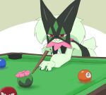 ambiguous_gender anthro ball billiard_ball billiard_table cue_stick digital_drawing_(artwork) digital_media_(artwork) furniture generation_1_pokemon generation_9_pokemon leaning_on_table meowscarada nintendo pokemon pokemon_(species) smile solo table textless unknown_artist voltorb