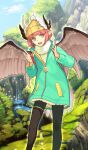  1girl beanie bird black_pantyhose blue_sky brown_feathers circe_(fate) circe_(traveling_outfit)_(fate) cloud coat commentary day dress fate/grand_order fate_(series) feathered_wings feathers feet_out_of_frame fur-trimmed_dress fur_trim gold_thighlet grass green_coat green_eyes hands_up hat hat_feather hidari_(left_side) holding_strap jewelry knit_hat long_sleeves mini_nobu_(fate) oda_nobunaga_(fate) official_art open_mouth orange_eyes orange_hair outdoors pantyhose partially_unzipped pointy_ears pom_pom_(clothes) pom_pom_beanie short_dress short_hair sky smile solo standing sunlight teeth thighlet third-party_source two-tone_eyes ufo upper_teeth_only water waterfall white_dress white_feathers wings yellow_hat 