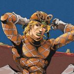  1boy araki_hirohiko_(style) argyle_clothes argyle_sweater ark_nemesis blonde_hair blue_sky bow character_name diego_brando elbow_gloves gloves green_lips helmet highres jojo_no_kimyou_na_bouken messy_hair orange_helmet orange_sweater sky steel_ball_run sweater upper_body white_gloves 