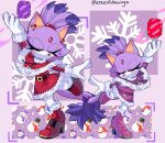  1girl alternate_costume animal_ears araeofdrawings blaze_the_cat blush borrowed_design cat_ears cat_girl cat_tail christmas closed_eyes dancing dress earrings eyelashes forehead_jewel furry furry_female highres jewelry purple_background purple_fur red_dress santa_costume santa_dress smile snowflakes snowman sol_emerald solo sonic_(series) tail 