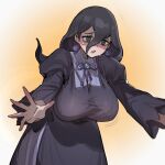  1girl :o @_@ ball_earrings black_dress black_eyes black_hair bow_(bhp) breasts dress earrings gradient_background hair_between_eyes hanging_breasts hex_maniac_(pokemon) hex_maniac_(pokemon_legends:_z-a) huge_breasts jewelry leaning_forward long_hair long_hair_between_eyes looking_at_viewer motion_lines open_hands open_mouth outstretched_arms pokemon pokemon_legends:_z-a purple_ribbon ribbon solo sphere_earrings sweatdrop 