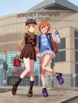  2girls antenna_hair bag bang_dream! baseball_cap black_shirt black_socks blonde_hair blue_hat blue_shirt blunt_bangs blush brown_bag brown_shoes brown_skirt brown_sleeves cleveland_cavaliers closed_mouth collared_shirt commentary_request darius_garland donovan_mitchell full_body gingham_skirt handbag hat high-waist_skirt highres holding holding_bag jacket kishimen_hair kitazawa_hagumi letterman_jacket long_hair mary_janes miniskirt multiple_girls national_basketball_association ohio orange_eyes orange_hair outdoors partial_commentary pleated_skirt purple_shoes real_world_location red_bag shirt shoes short_hair shoulder_bag sidelocks skirt smile sneakers socks tsurumaki_kokoro very_long_hair watermark white_skirt yazawa_happyaro yellow_eyes 