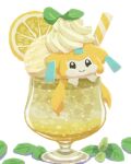  blue_eyes closed_mouth commentary cream cup drinking_glass food fruit full_mouth highres jirachi leaf lemon lemonade miclot no_humans pokemon pokemon_(creature) pokemon_focus simple_background solo white_background 