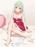  1girl bang_dream! bang_dream!_it&#039;s_mygo!!!!! bare_shoulders barefoot breasts cleavage collarbone commentary_request dress frilled_socks frills full_body fur-trimmed_dress fur_trim green_hair highres long_hair medium_breasts on_bed parted_lips red_dress santa_costume santa_dress short_dress sidelocks sitting socks solo unworn_socks wakaba_mutsumi watermark yazawa_happyaro 