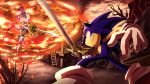  1boy 1girl absurdres animal_ears armor blaze_the_cat caliburn_(sonic) cat_ears cat_girl cat_tail fighting_stance fire furry furry_female furry_male gauntlets gloves green_eyes grin highres looking_at_another percival_(sonic) pocho22059768 rapier smile sonic_(series) sonic_and_the_black_knight sonic_the_hedgehog sword tail volcano weapon 