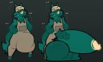 2025 anthro balls baseball_cap big_balls big_bulge big_penis biting_object bulge chif_(probablydemo) clothing coveralls digital_drawing_(artwork) digital_media_(artwork) domestic_cat dumodemo ears_through_headwear english_text erection eyebrows eyes_closed facial_markings fan_character felid feline felis flies_for_smell fur genitals green_body green_fur grin hat head_markings headgear headwear huge_balls huge_bulge huge_penis hyper hyper_genitalia hyper_penis male mammal markings penis smile solo stink_fumes stink_lines teeth text text_on_clothing text_on_hat text_on_headwear twig vein webfishing yellow_body